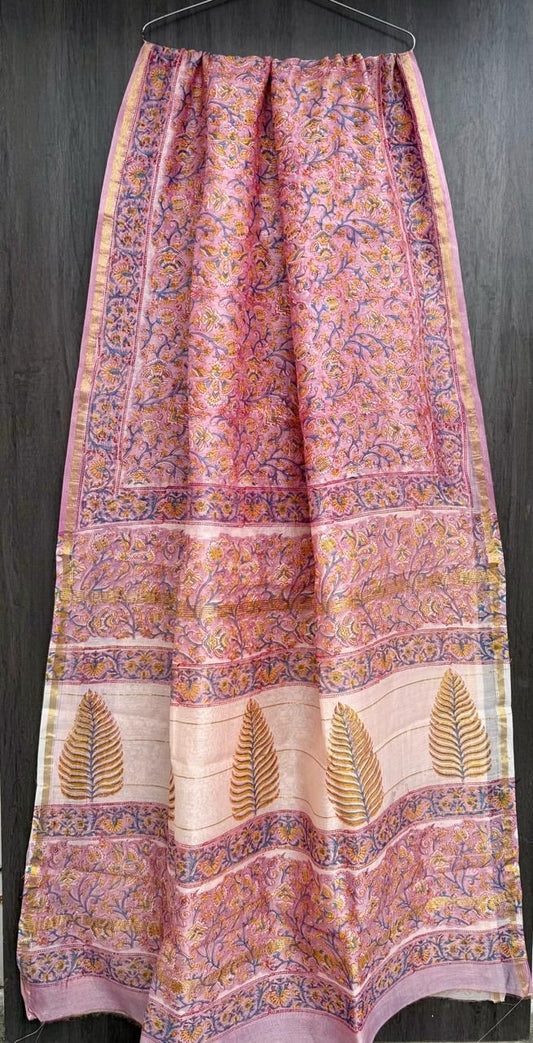 Hand Block Printed Bagru Pure Chanderi Saree with Blouse Piece