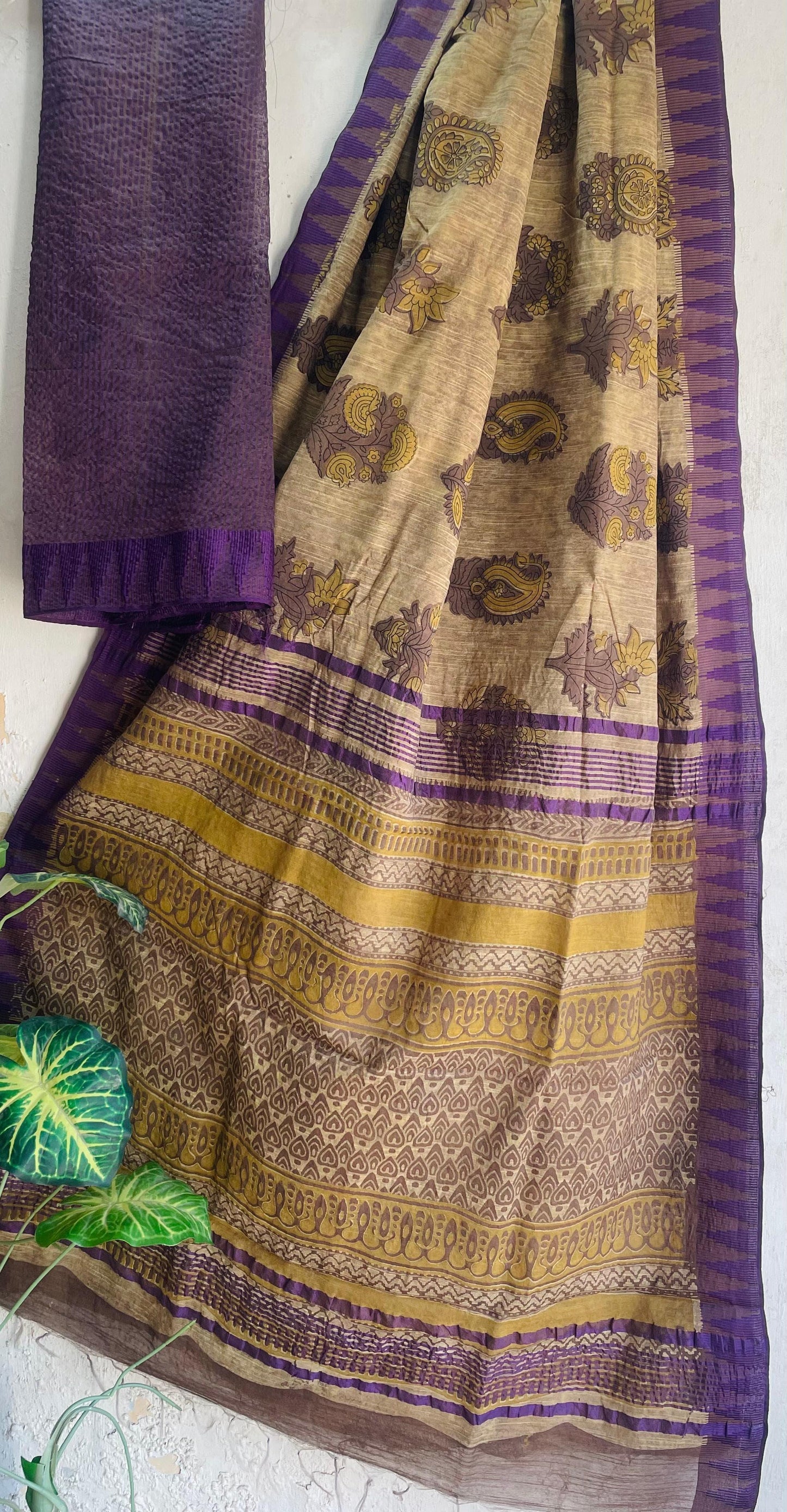 Hand Block Printed Cotton Silk Saree with Temple Border (Ajrakh & Dabu)