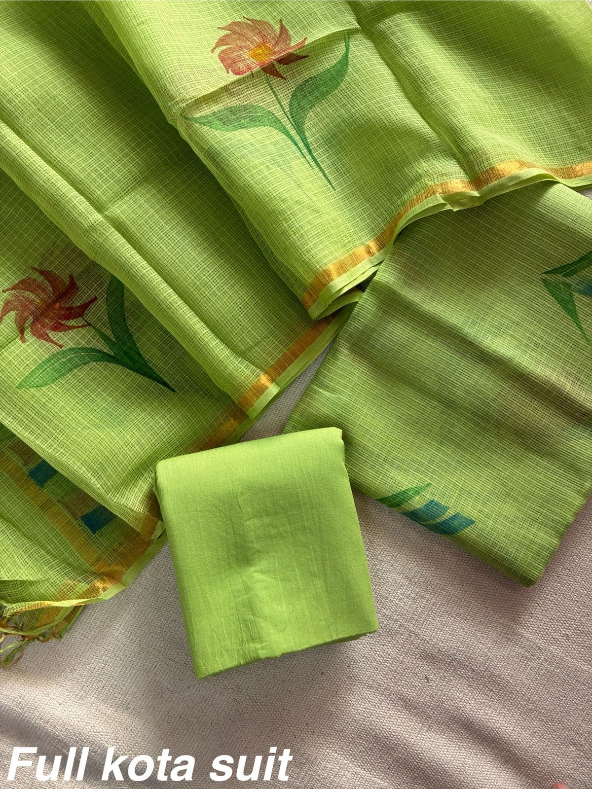 Premium Pure Full Kota Doria Suit | Hand Block Printed Silk Cotton Set