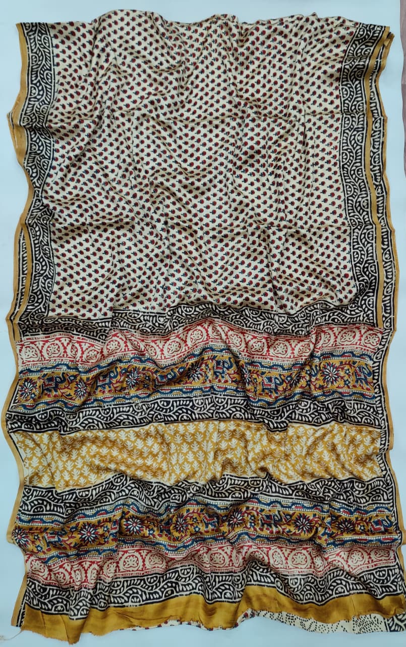 Premium Natural Ajrakh Hand Block Printed Modal Silk Saree