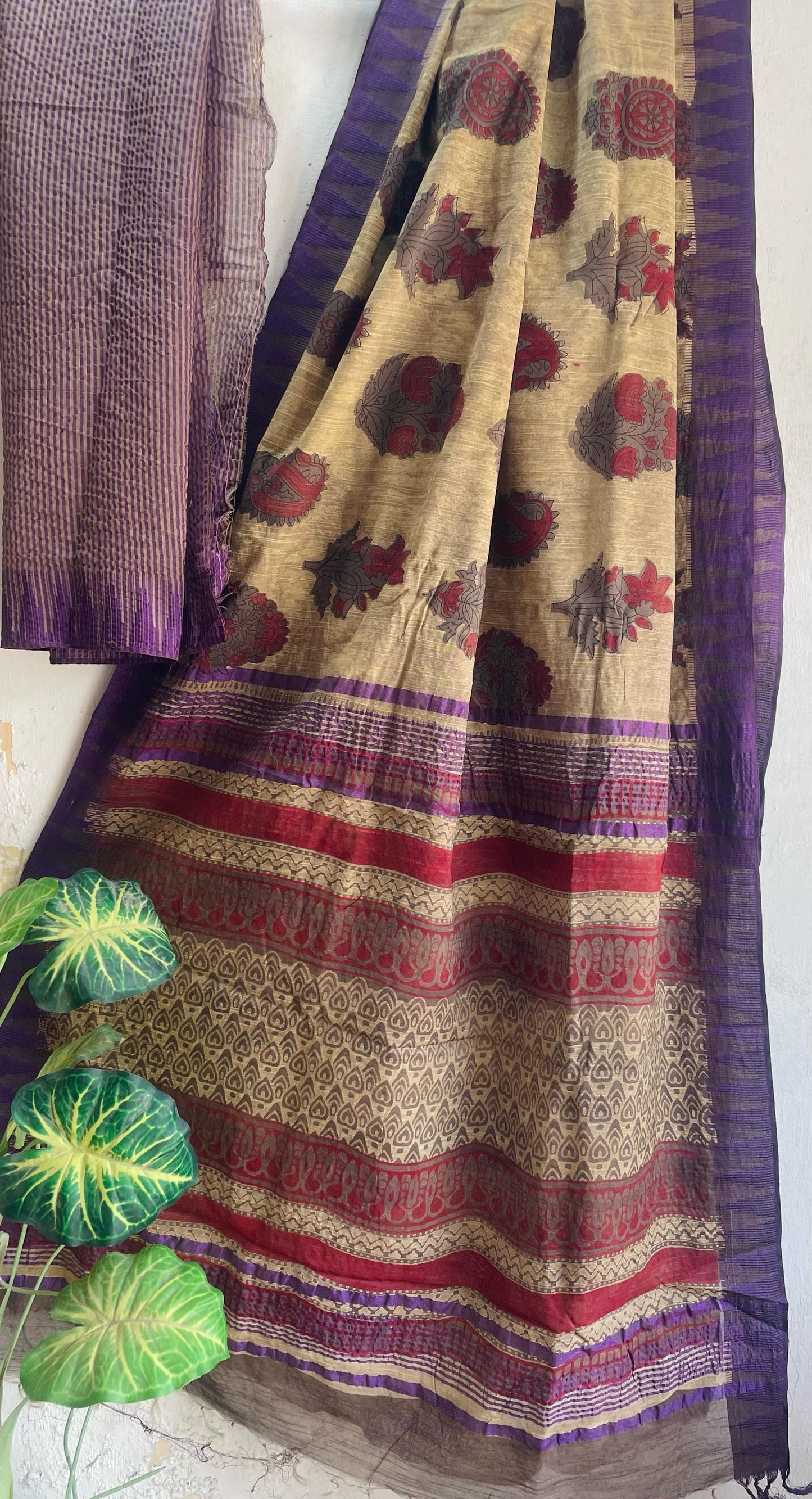 Hand Block Printed Cotton Silk Saree with Temple Border (Ajrakh & Dabu)