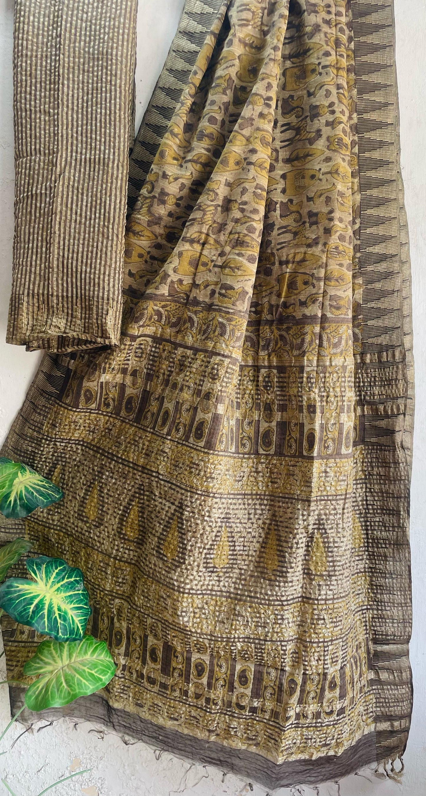 Hand Block Printed Cotton Silk Saree with Temple Border (Ajrakh & Dabu)