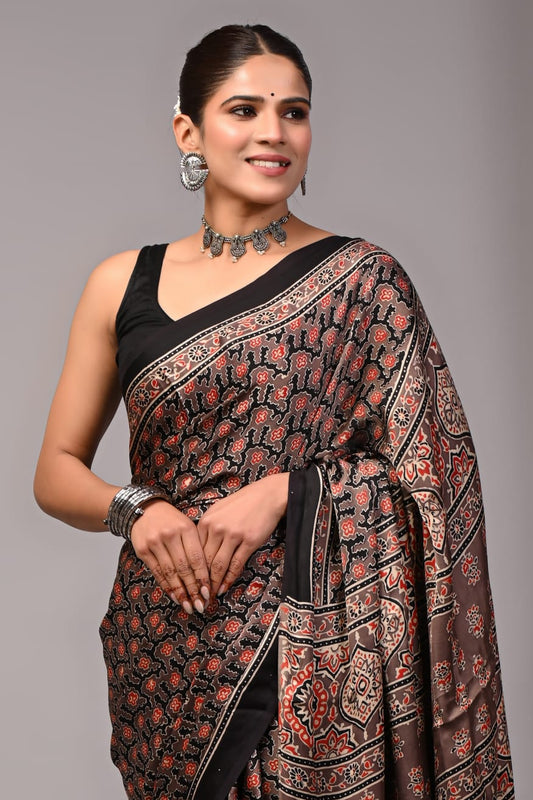 Pure Ajrakh Print Modal Silk Saree (Vegetable-Dyed) + Printed Blouse
