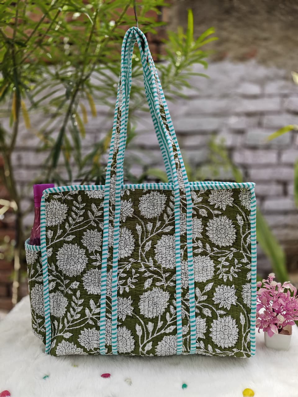 Cotton Quilted Tote Bag with Zip & External Water Bottle Pocket