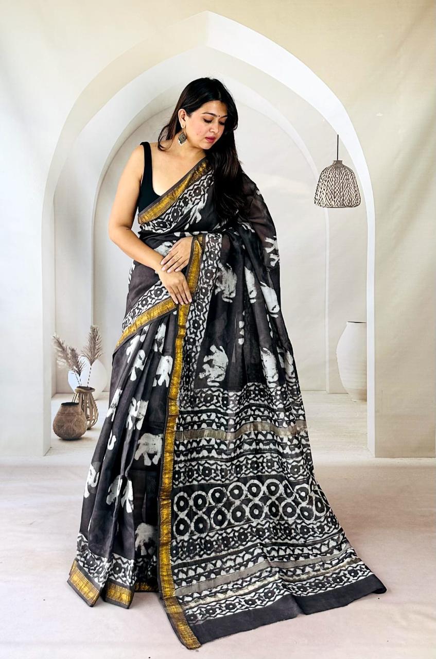 Traditional Hand Block Printed Maheshwari Silk Saree with Zari