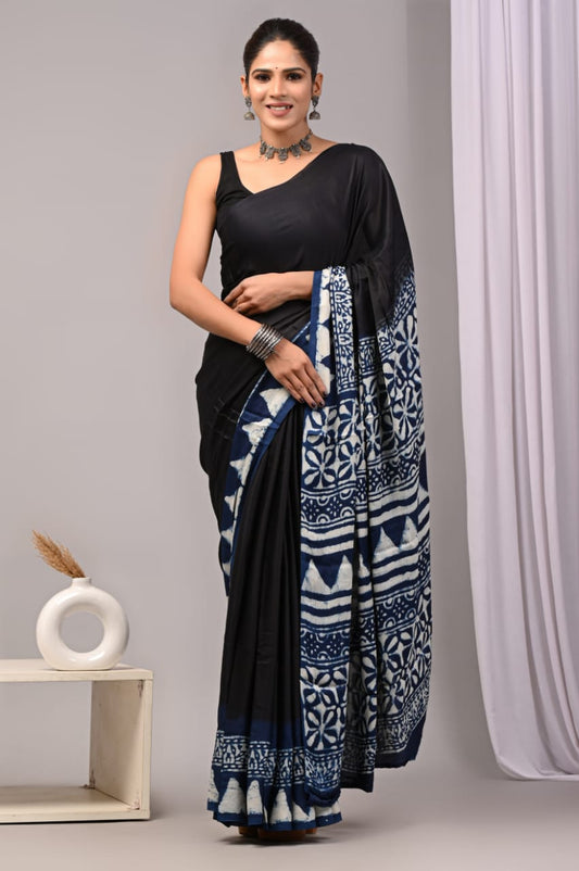 Ajrakh Pure Modal Silk Saree + Printed Blouse (Vegetable Dye)