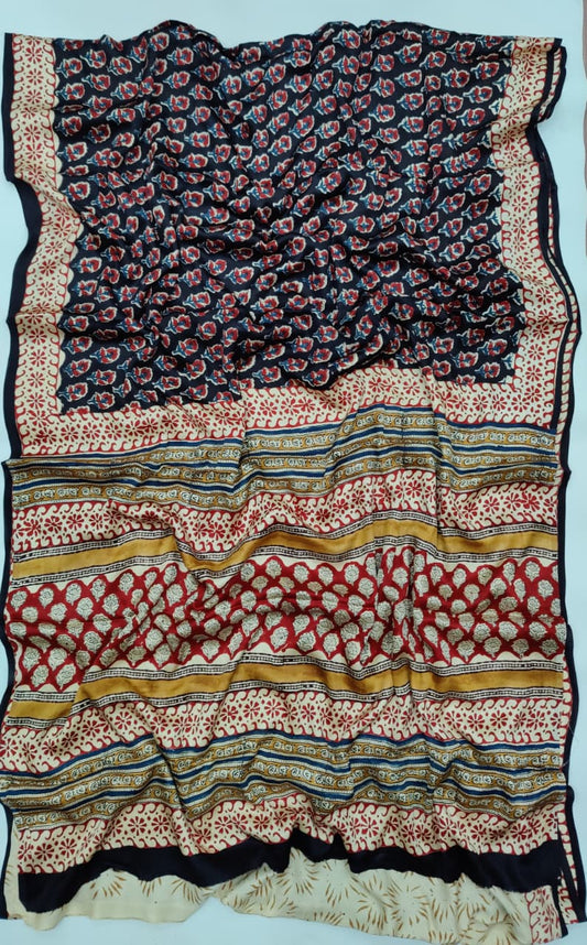 Premium Natural Ajrakh Hand Block Printed Modal Silk Saree