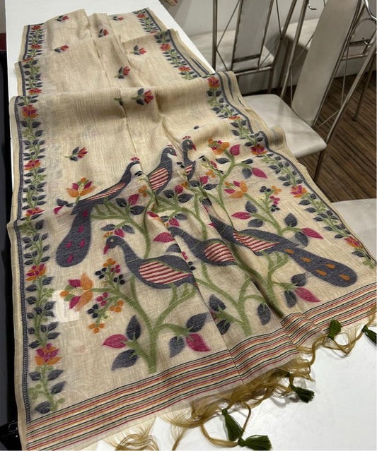 Premium Soft Muga Cotton Saree with Peacock & Jamdani Weaving