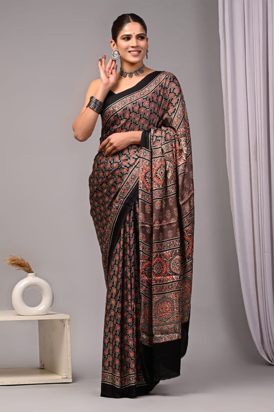 Pure Ajrakh Print Modal Silk Saree (Vegetable-Dyed) + Printed Blouse