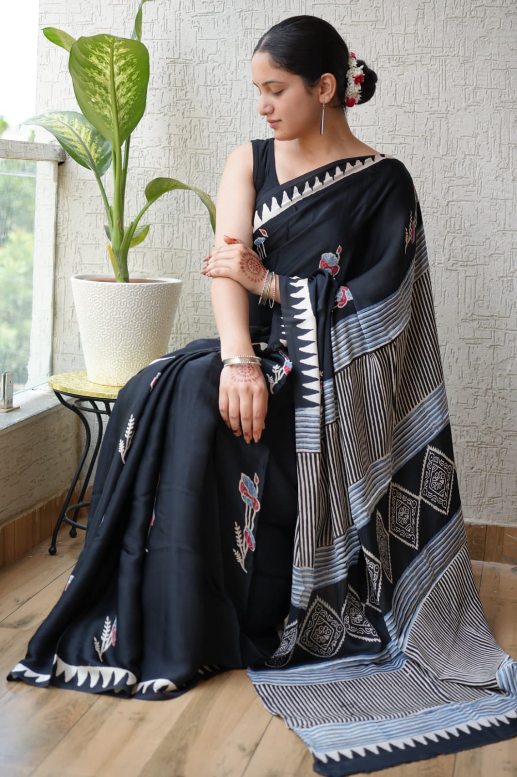 Exclusive Natural-Dye Ajrakh Vanaspati Pure Modal Silk Saree + Printed Blouse