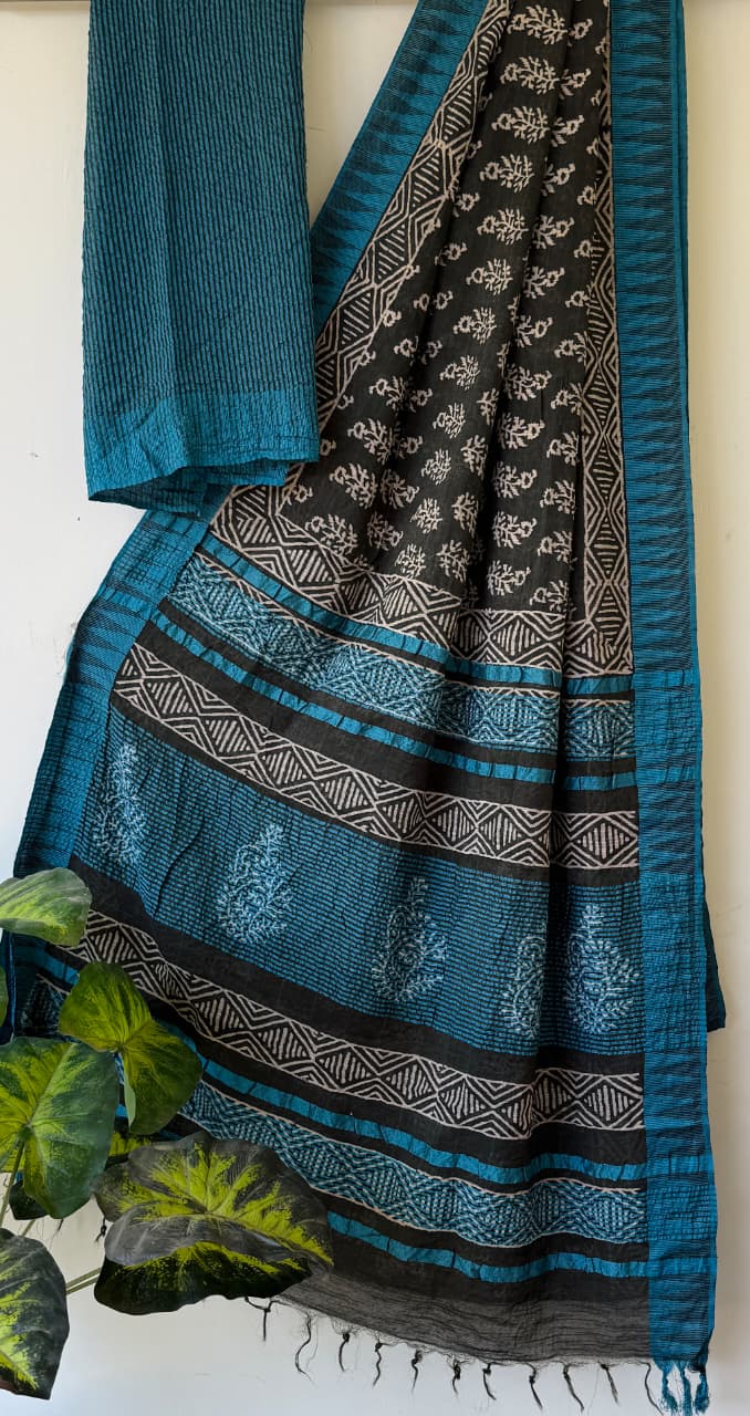 Hand Block Printed Cotton Silk Saree with Temple Border (Ajrakh & Dabu)