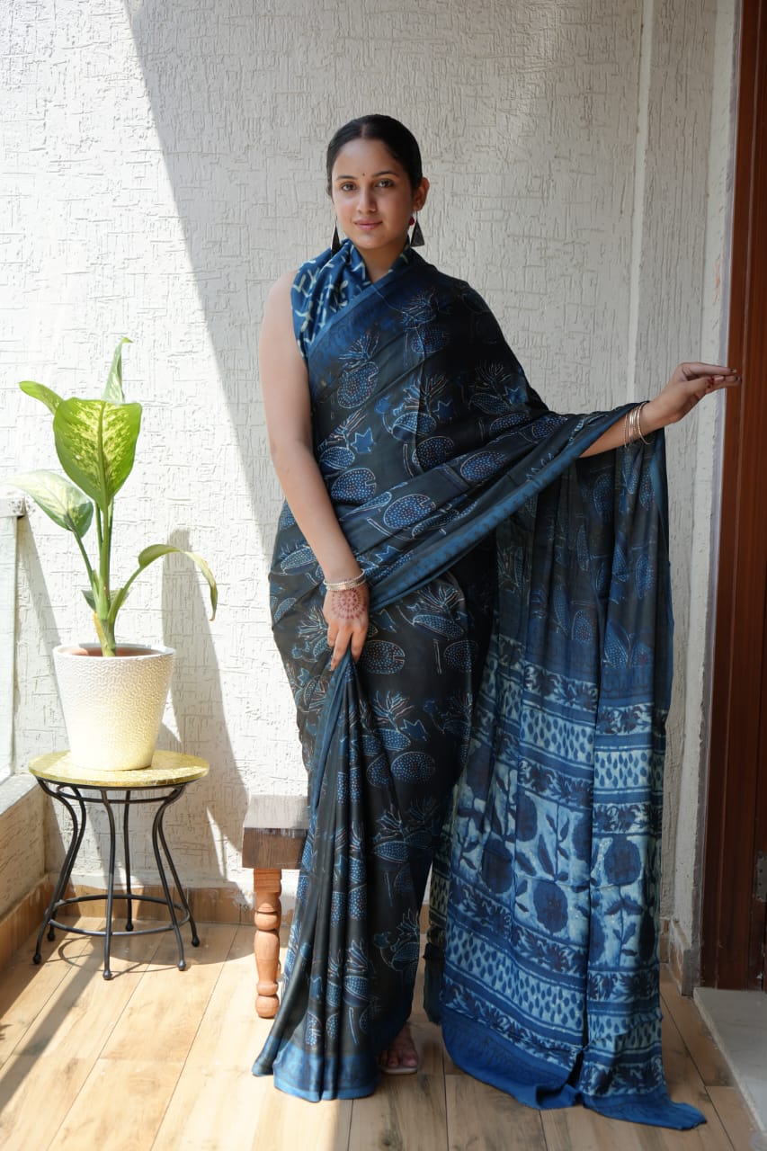 Exclusive Natural-Dye Ajrakh Vanaspati Pure Modal Silk Saree + Printed Blouse