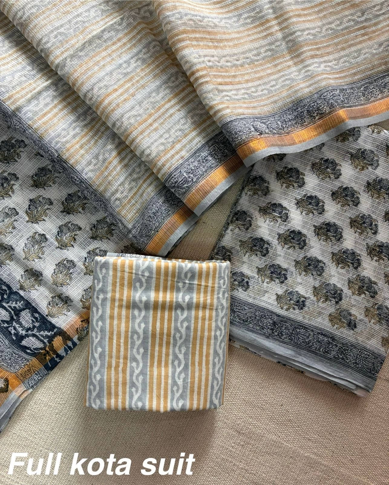 Premium Pure Full Kota Doria Suit | Hand Block Printed Silk Cotton Set