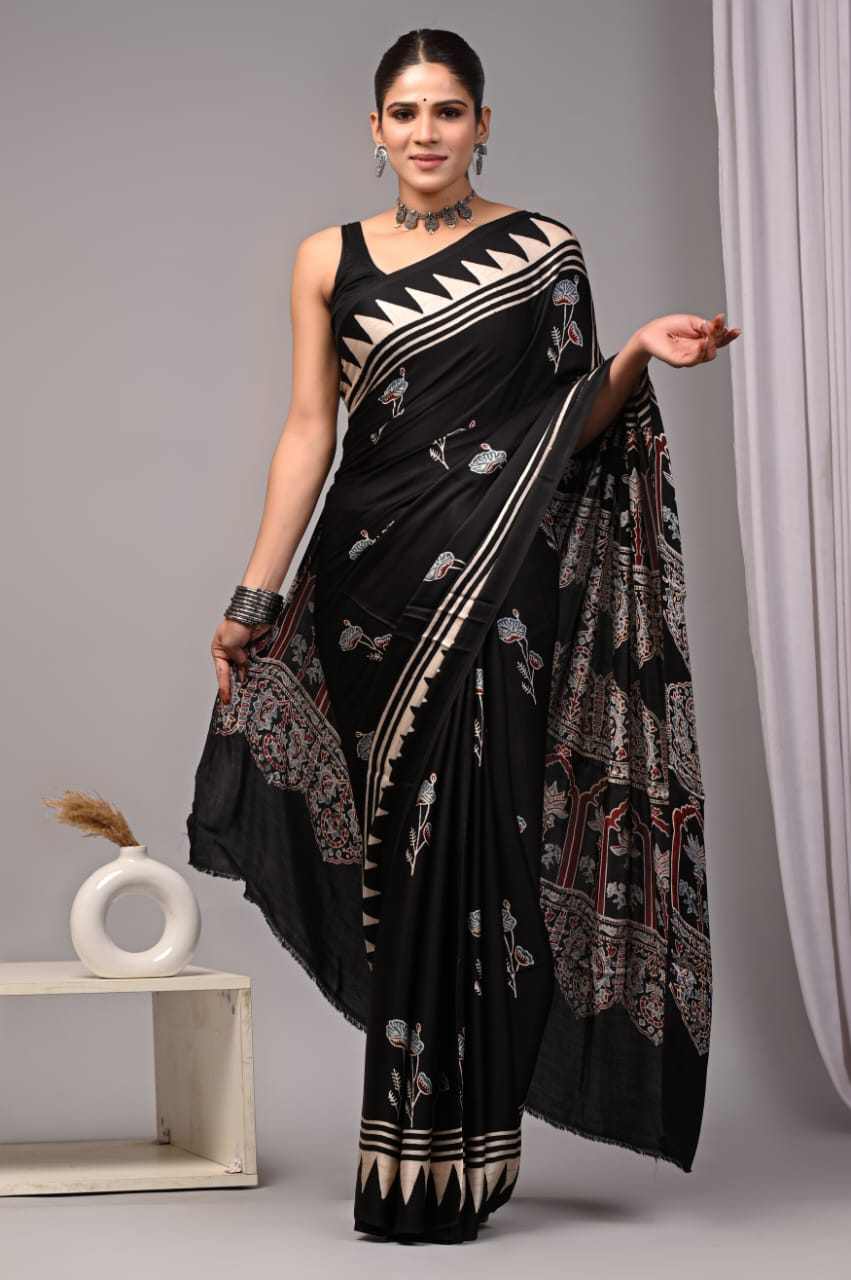 Pure Ajrakh Print Modal Silk Saree (Vegetable-Dyed) + Printed Blouse