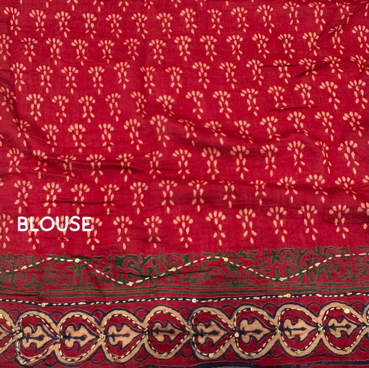 Premium Ajrakh Handwork Chanderi Cotton Saree with Kaatha Work