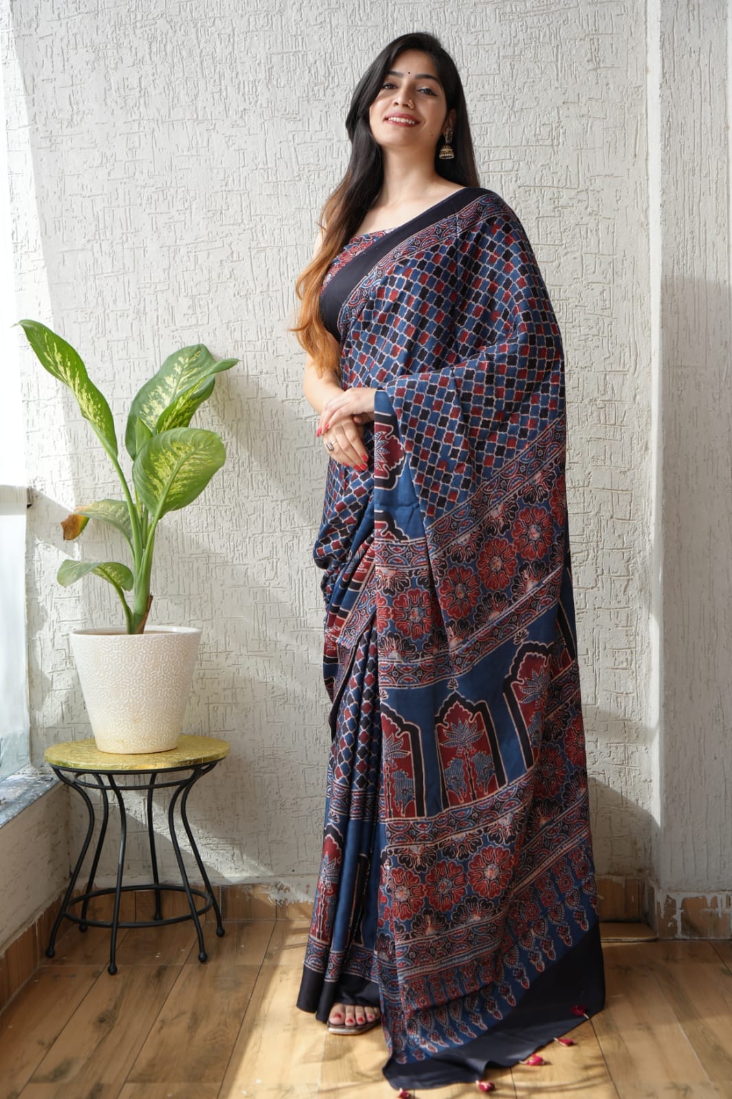 Pure Ajrakh Print Modal Silk Saree (Vegetable-Dyed) + Printed Blouse