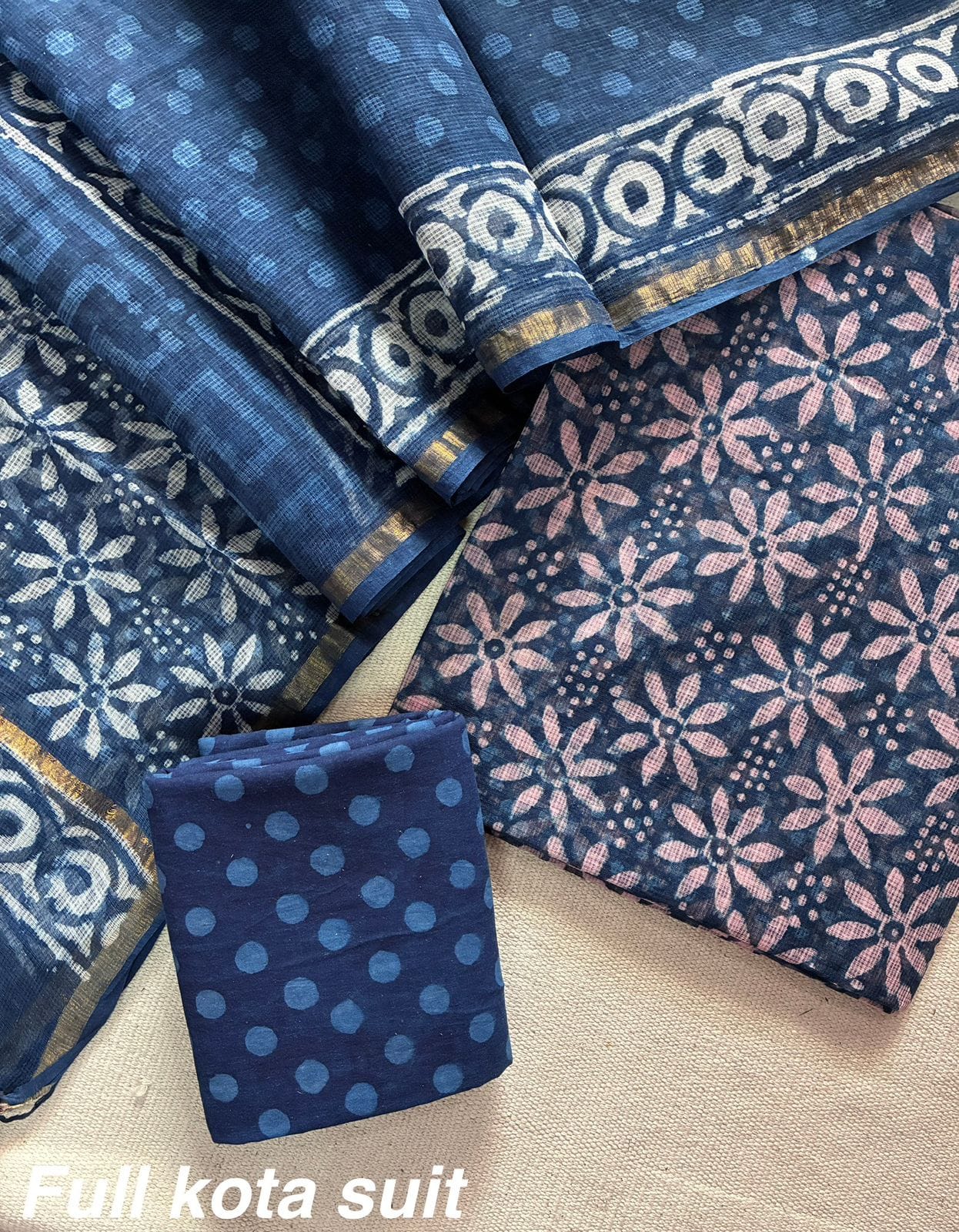 Premium Pure Full Kota Doria Suit | Hand Block Printed Silk Cotton Set