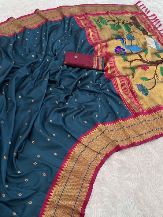 Paithani Silk Saree with Gold Zari Motifs & Swan Meenakari Pallu