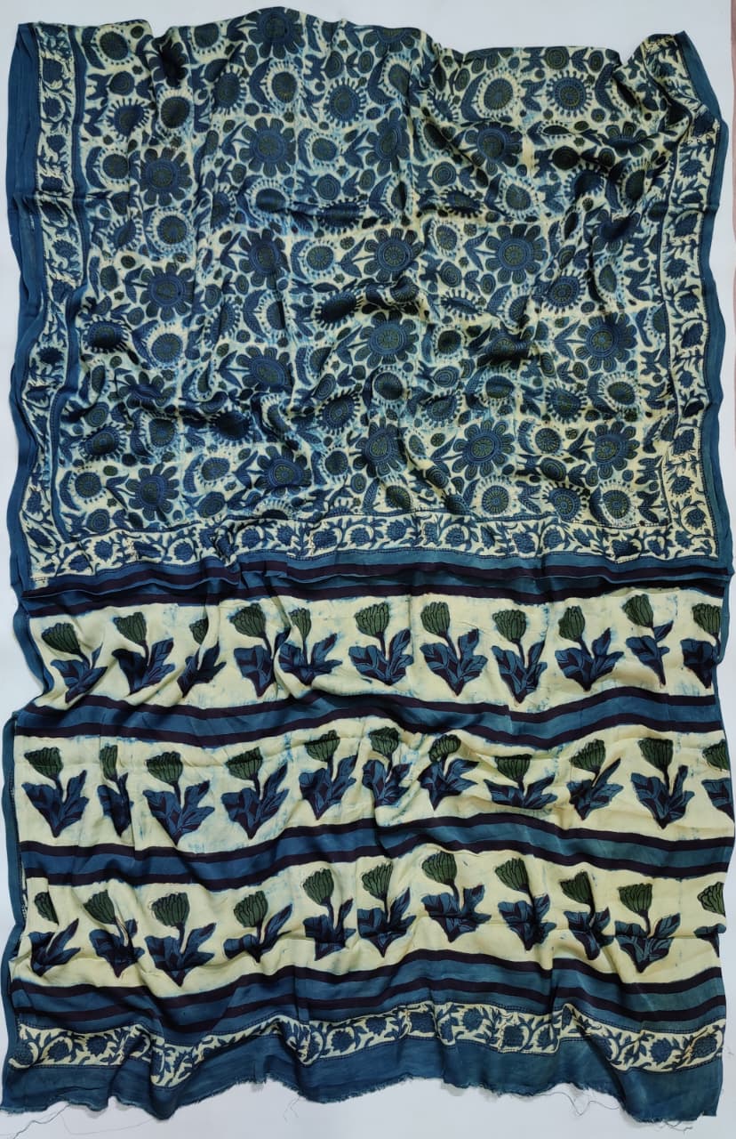 Premium Natural Ajrakh Hand Block Printed Modal Silk Saree