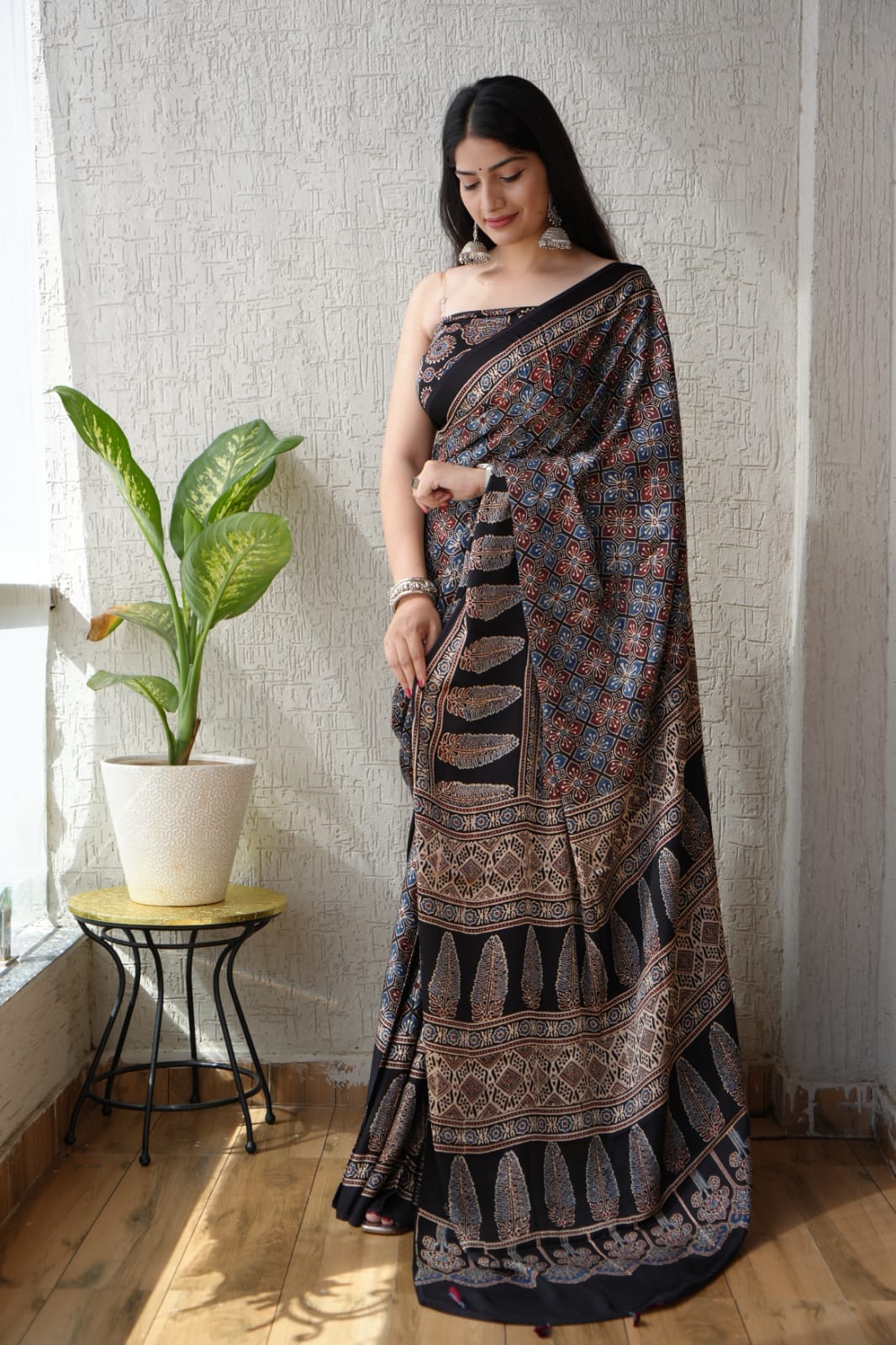 Pure Ajrakh Print Modal Silk Saree (Vegetable-Dyed) + Printed Blouse