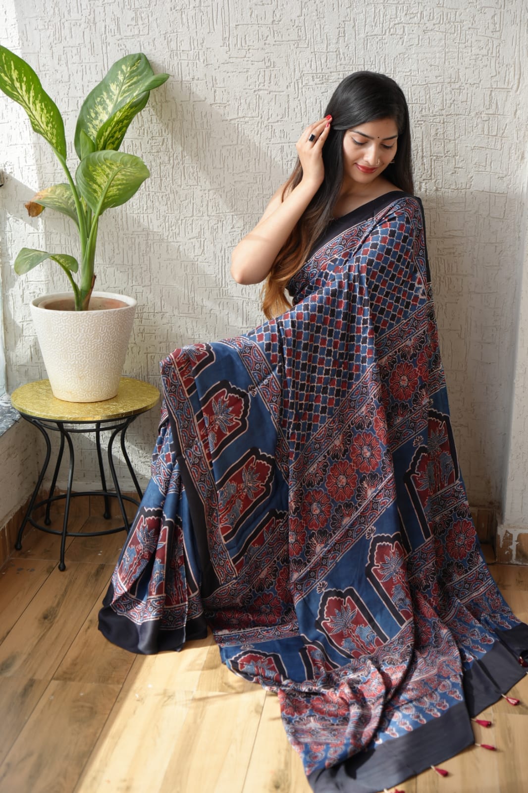 Pure Ajrakh Print Modal Silk Saree (Vegetable-Dyed) + Printed Blouse