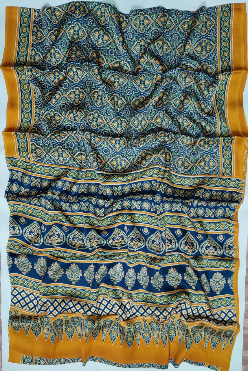 Premium Natural Ajrakh Hand Block Printed Modal Silk Saree
