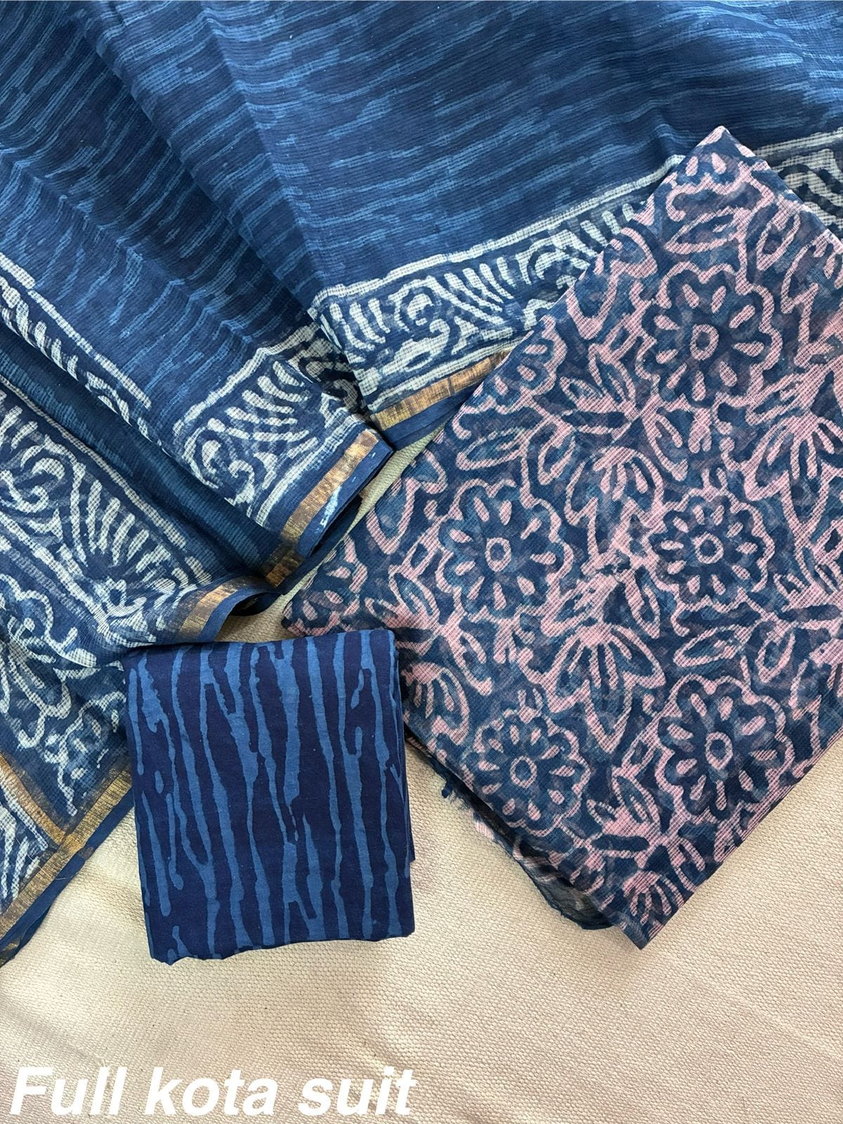 Premium Pure Full Kota Doria Suit | Hand Block Printed Silk Cotton Set