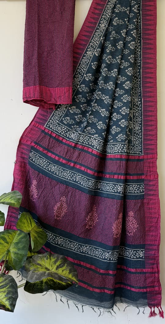 Hand Block Printed Cotton Silk Saree with Temple Border (Ajrakh & Dabu)