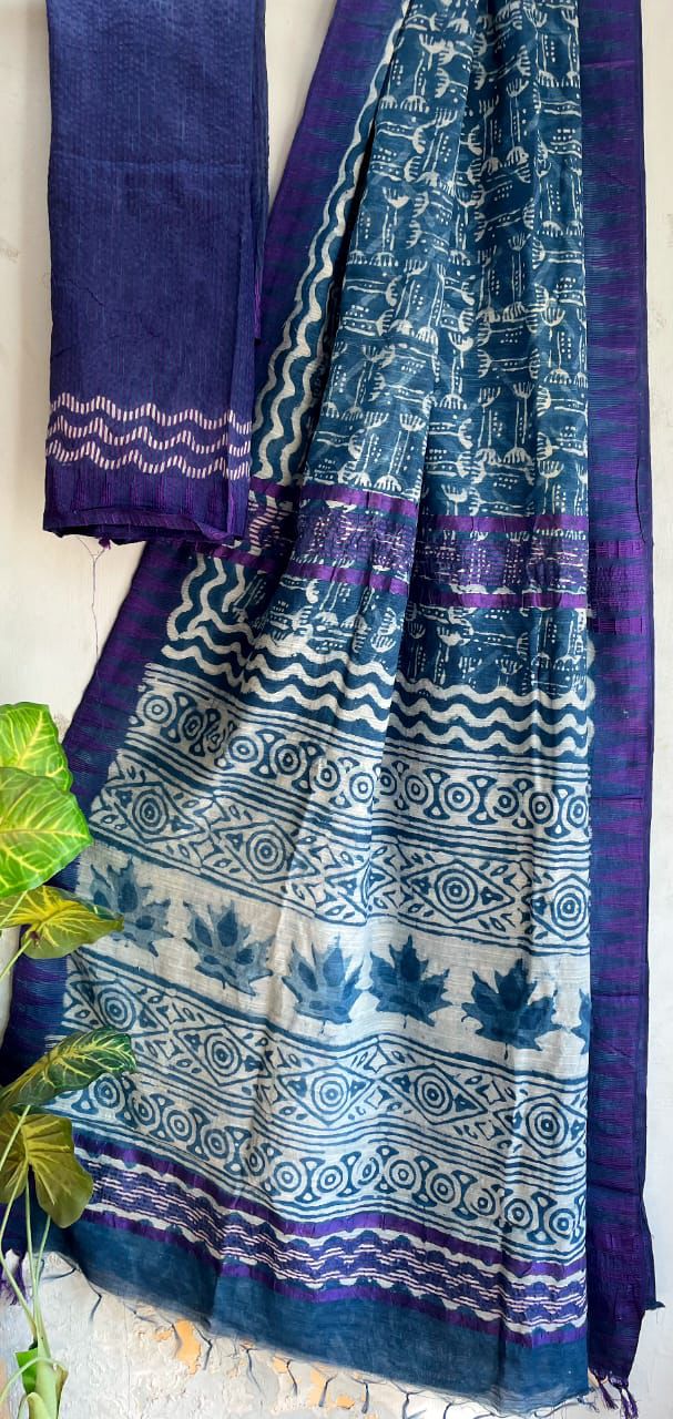 Hand Block Printed Cotton Silk Saree with Temple Border (Ajrakh & Dabu)