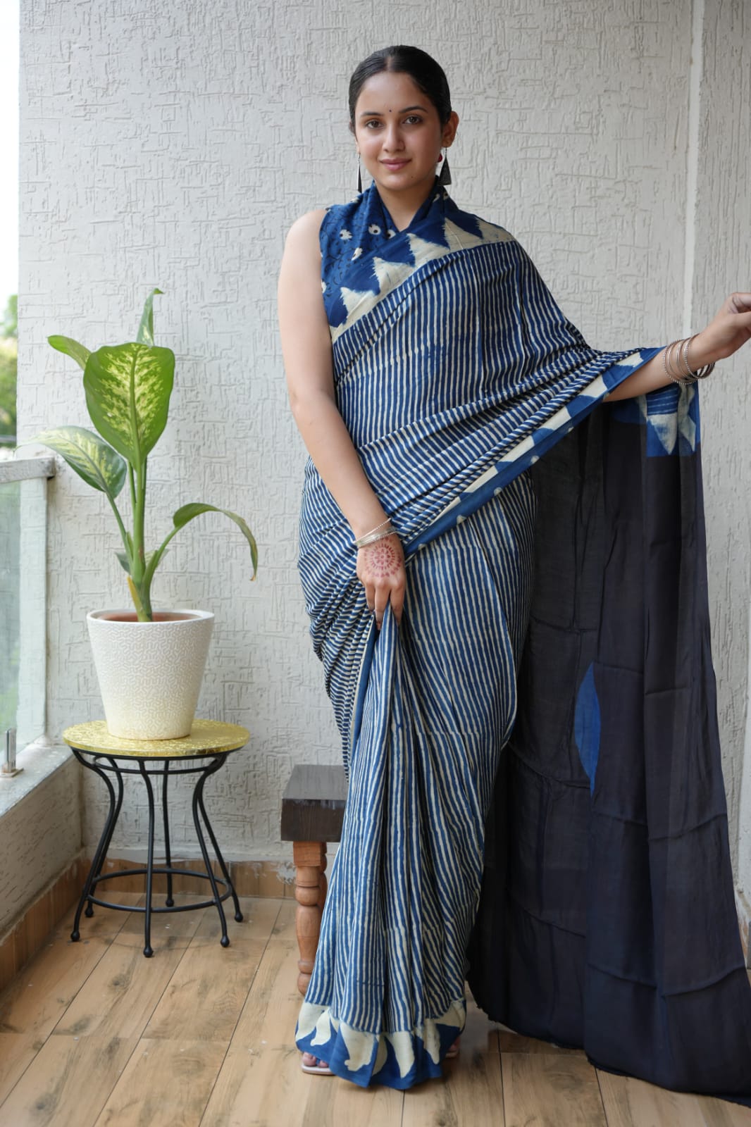 Exclusive Natural-Dye Ajrakh Vanaspati Pure Modal Silk Saree + Printed Blouse