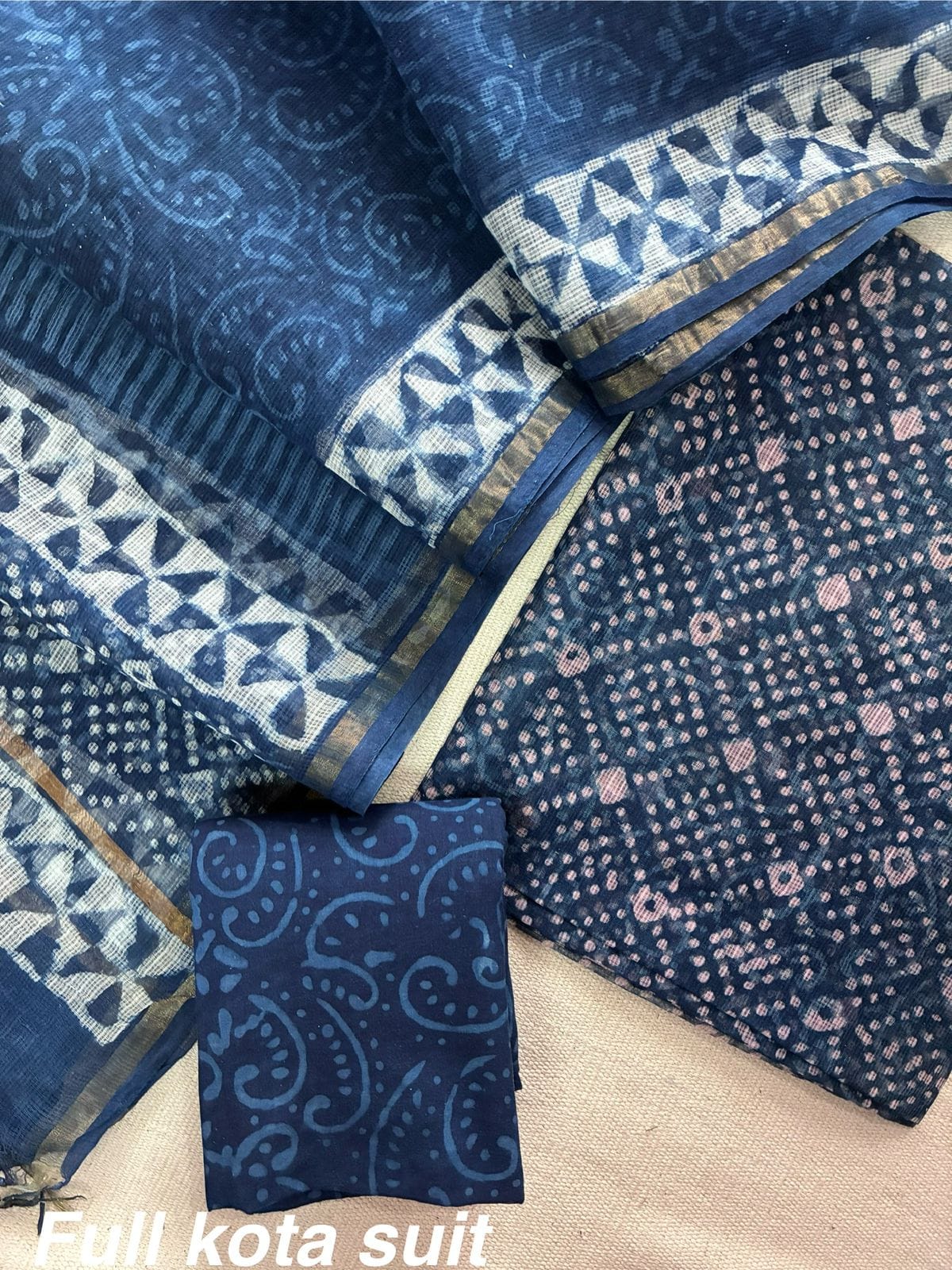 Premium Pure Full Kota Doria Suit | Hand Block Printed Silk Cotton Set