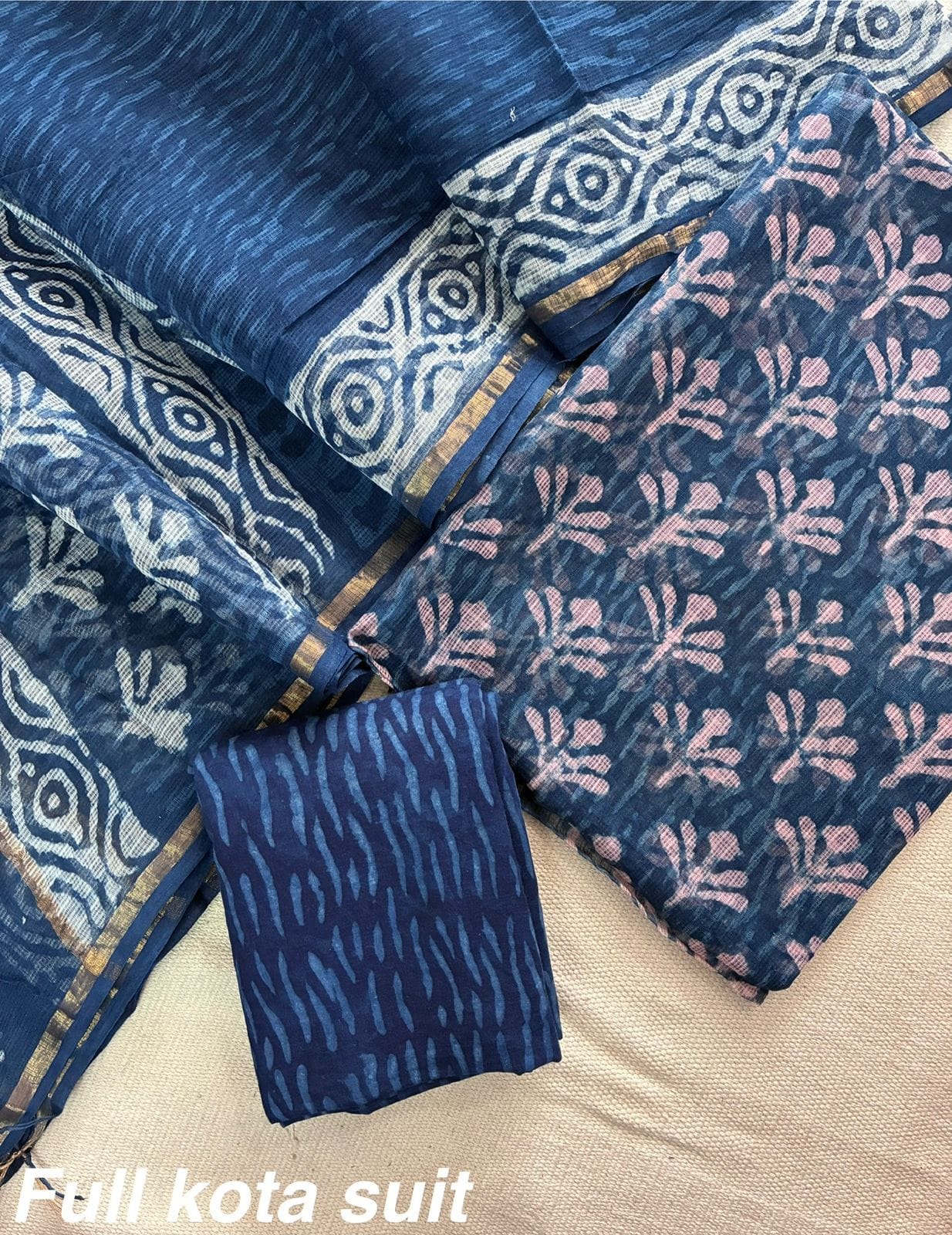 Premium Pure Full Kota Doria Suit | Hand Block Printed Silk Cotton Set