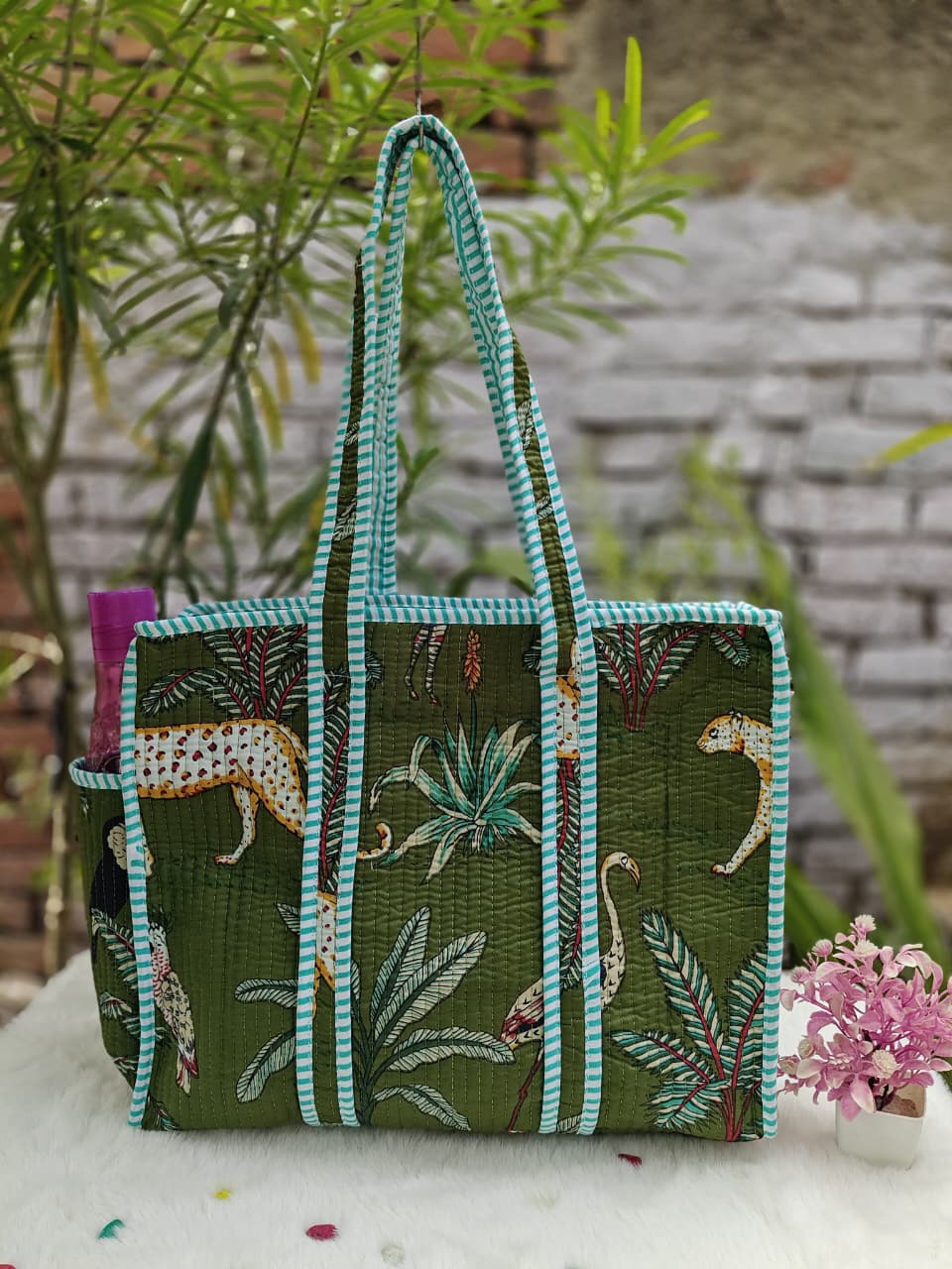 Cotton Quilted Tote Bag with Zip & External Water Bottle Pocket