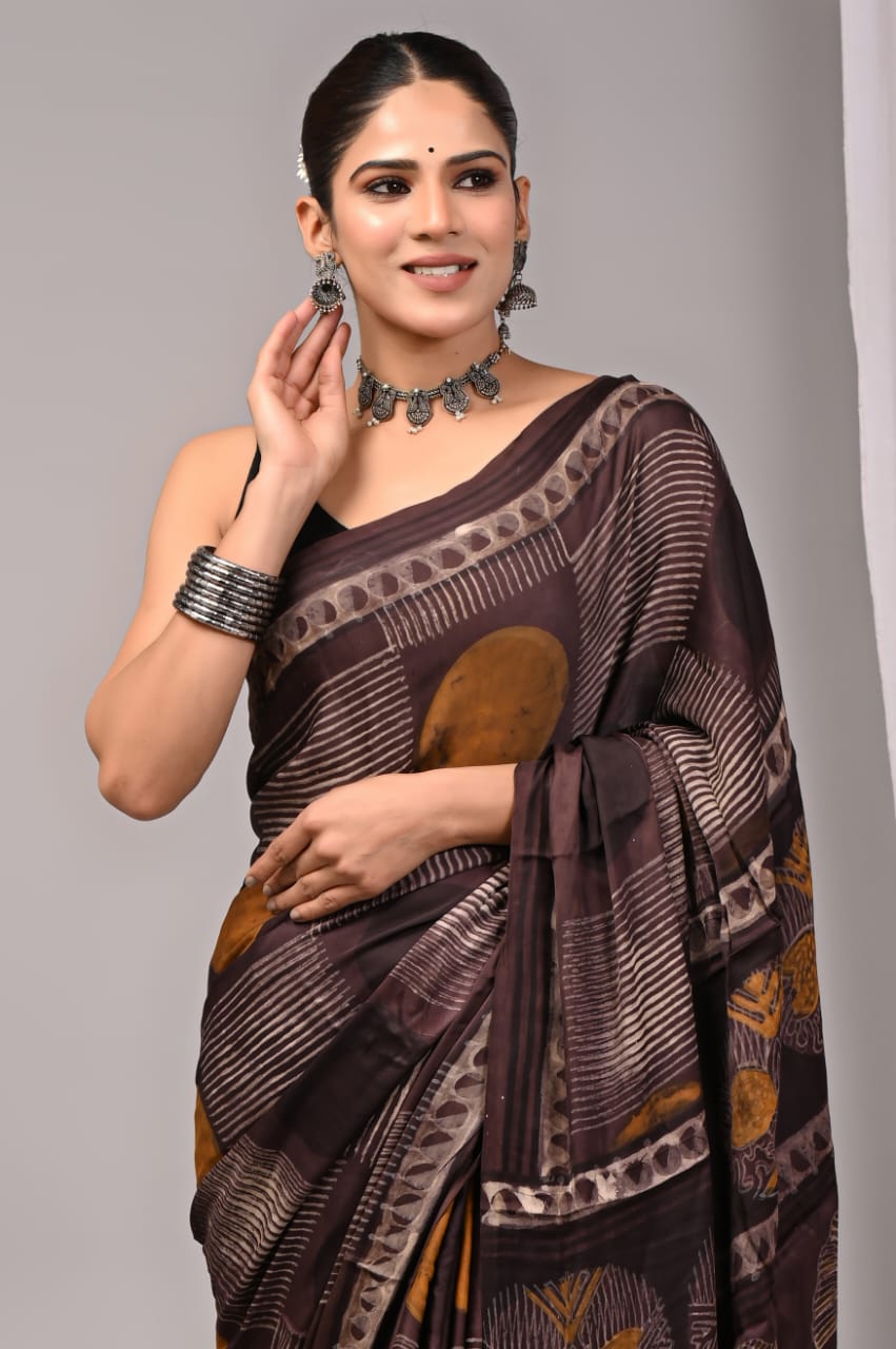 Exclusive Natural-Dye Ajrakh Vanaspati Pure Modal Silk Saree + Printed Blouse