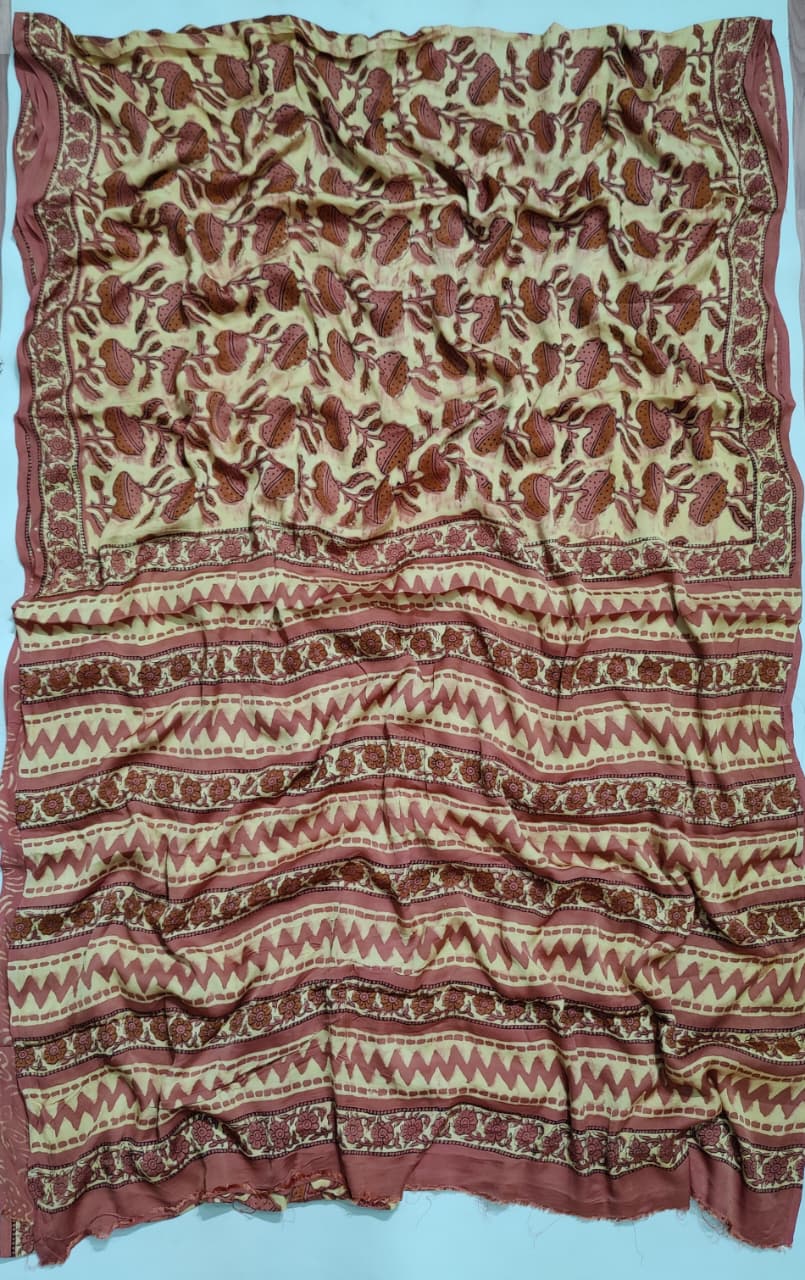 Premium Natural Ajrakh Hand Block Printed Modal Silk Saree