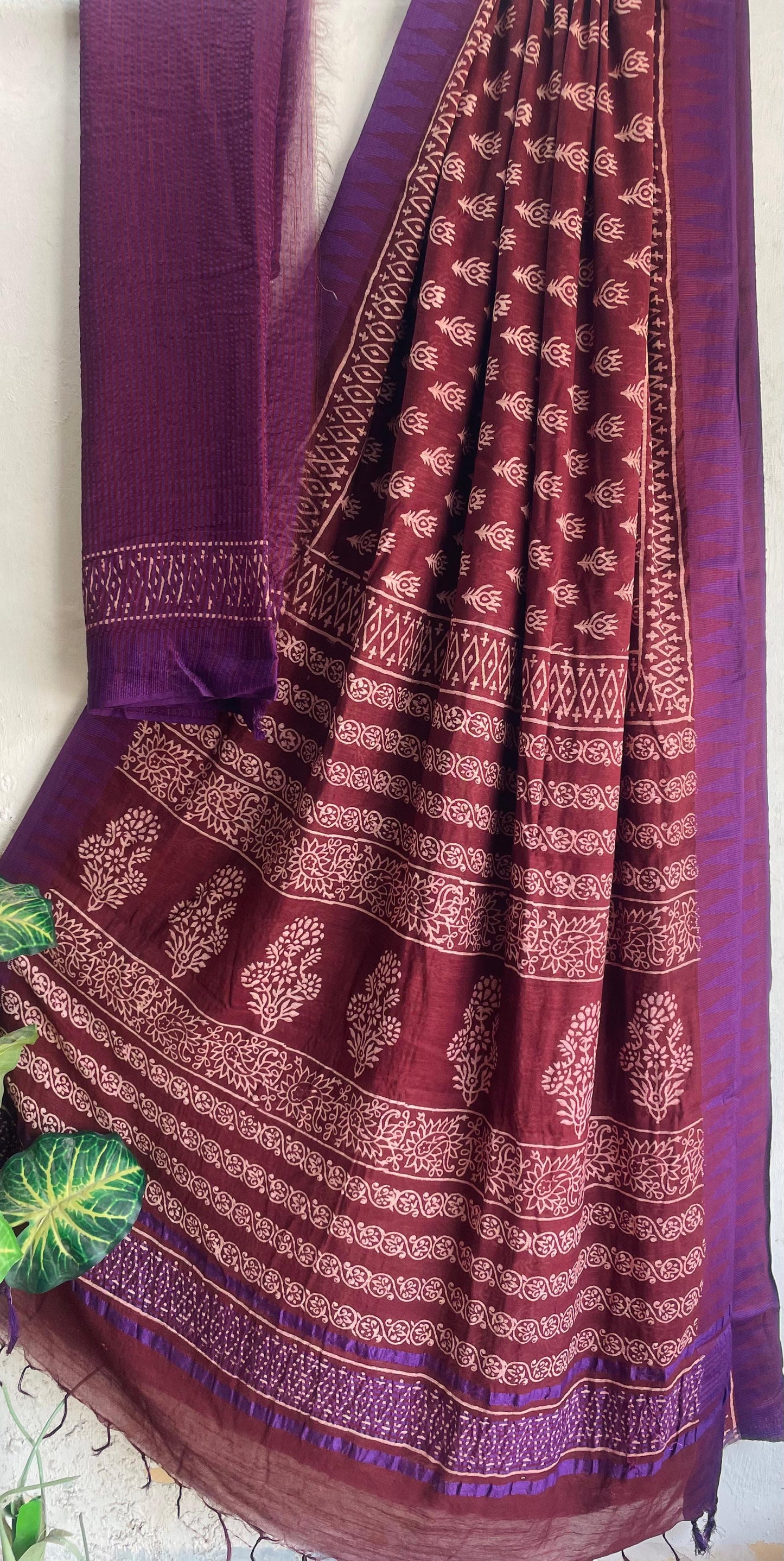 Hand Block Printed Cotton Silk Saree with Temple Border (Ajrakh & Dabu)