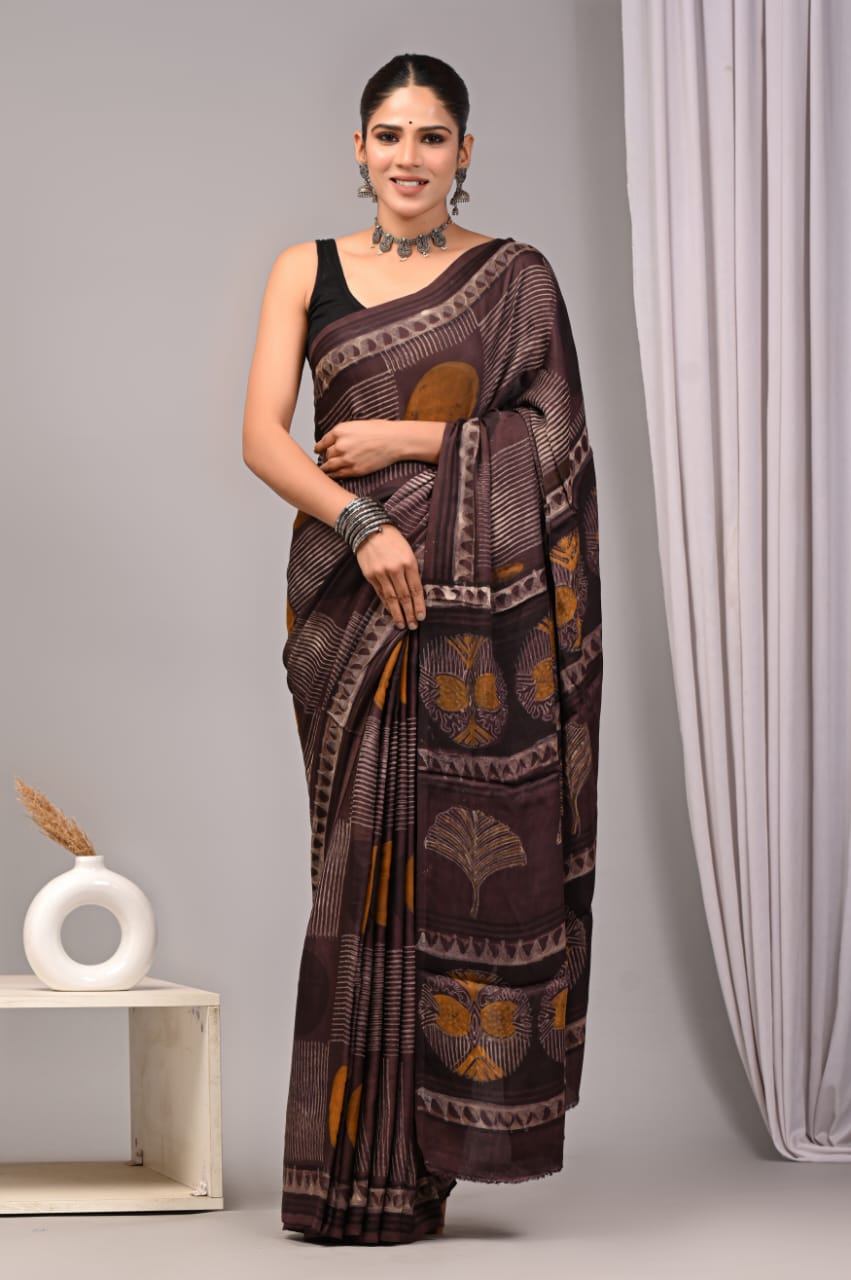 Exclusive Natural-Dye Ajrakh Vanaspati Pure Modal Silk Saree + Printed Blouse