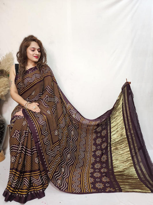 Pure Modal Silk Ajrakh Saree with Lagadi Patta (Hand Print)