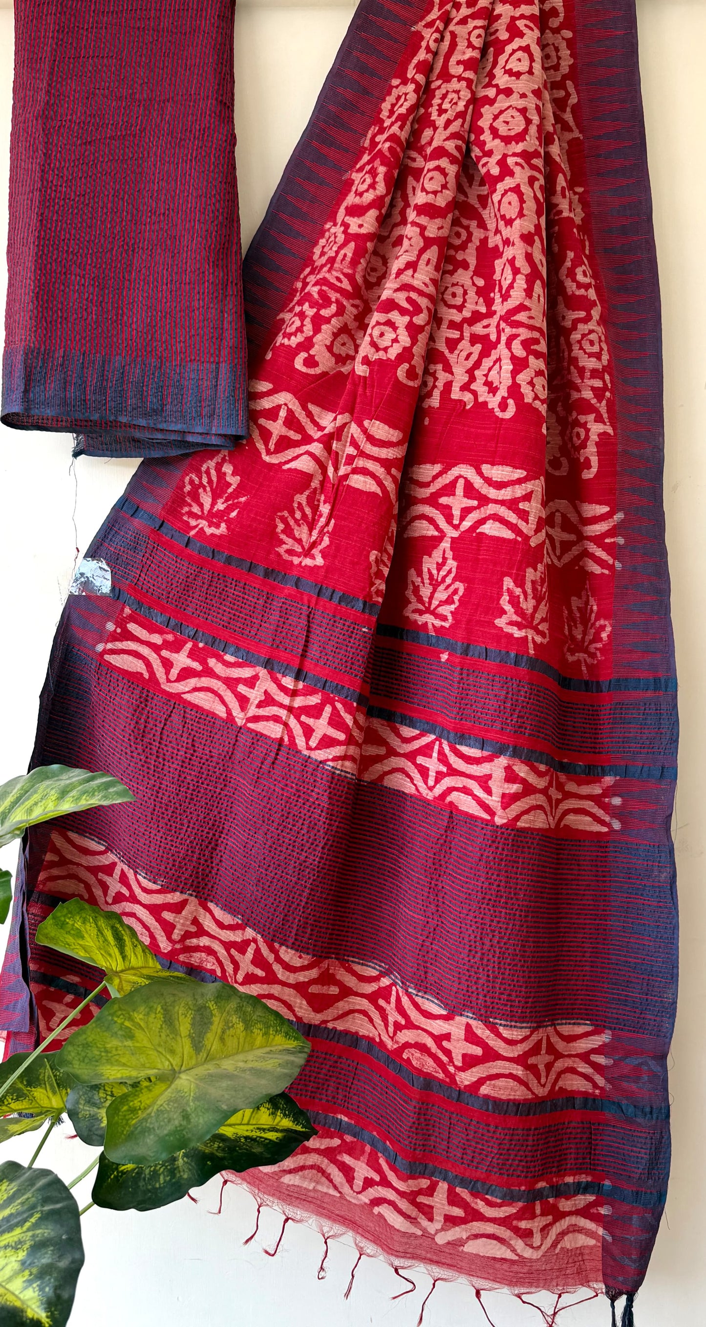 Hand Block Printed Cotton Silk Saree with Temple Border (Ajrakh & Dabu)