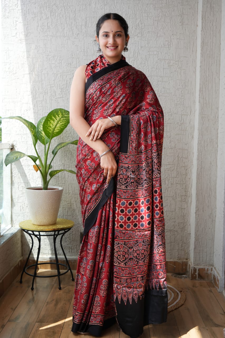 Pure Ajrakh Print Modal Silk Saree (Vegetable-Dyed) + Printed Blouse