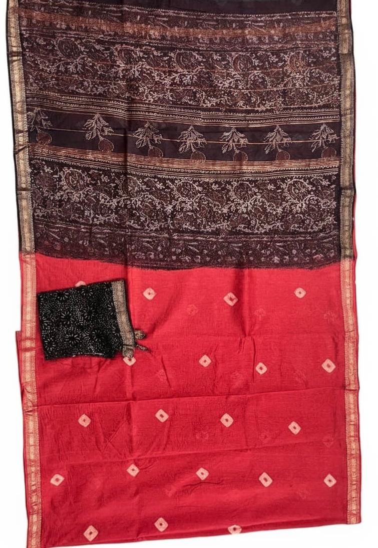 Traditional Hand Block Printed Maheshwari Silk Saree with Zari