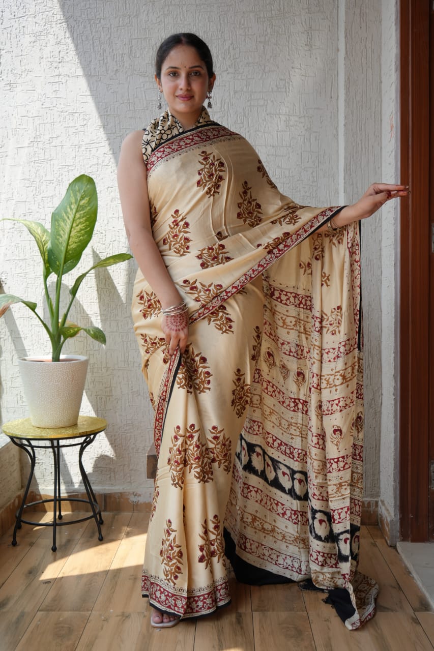 Exclusive Natural-Dye Ajrakh Vanaspati Pure Modal Silk Saree + Printed Blouse