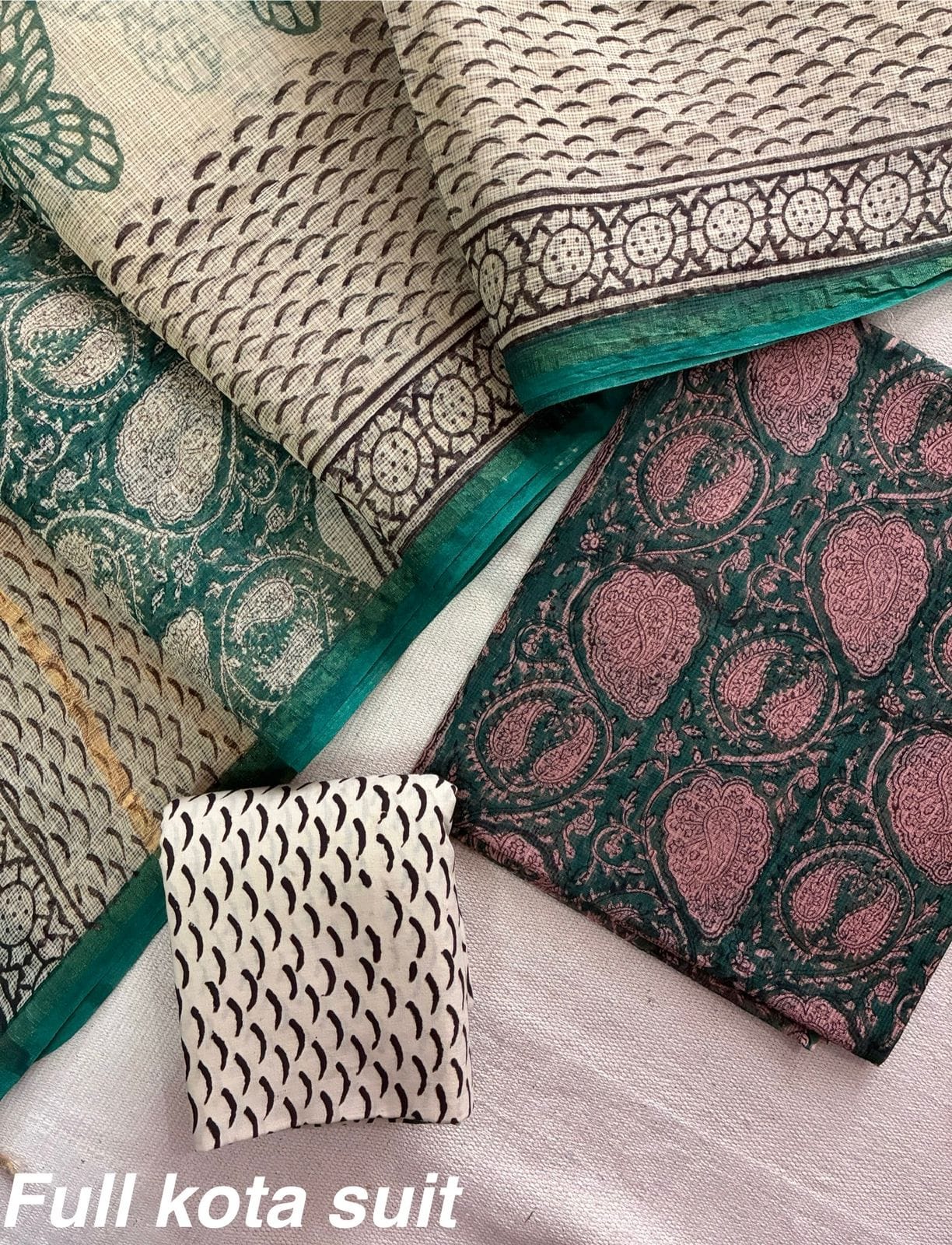 Premium Pure Full Kota Doria Suit | Hand Block Printed Silk Cotton Set