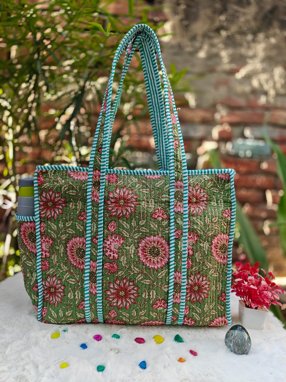 Cotton Quilted Tote Bag with Zip & External Water Bottle Pocket