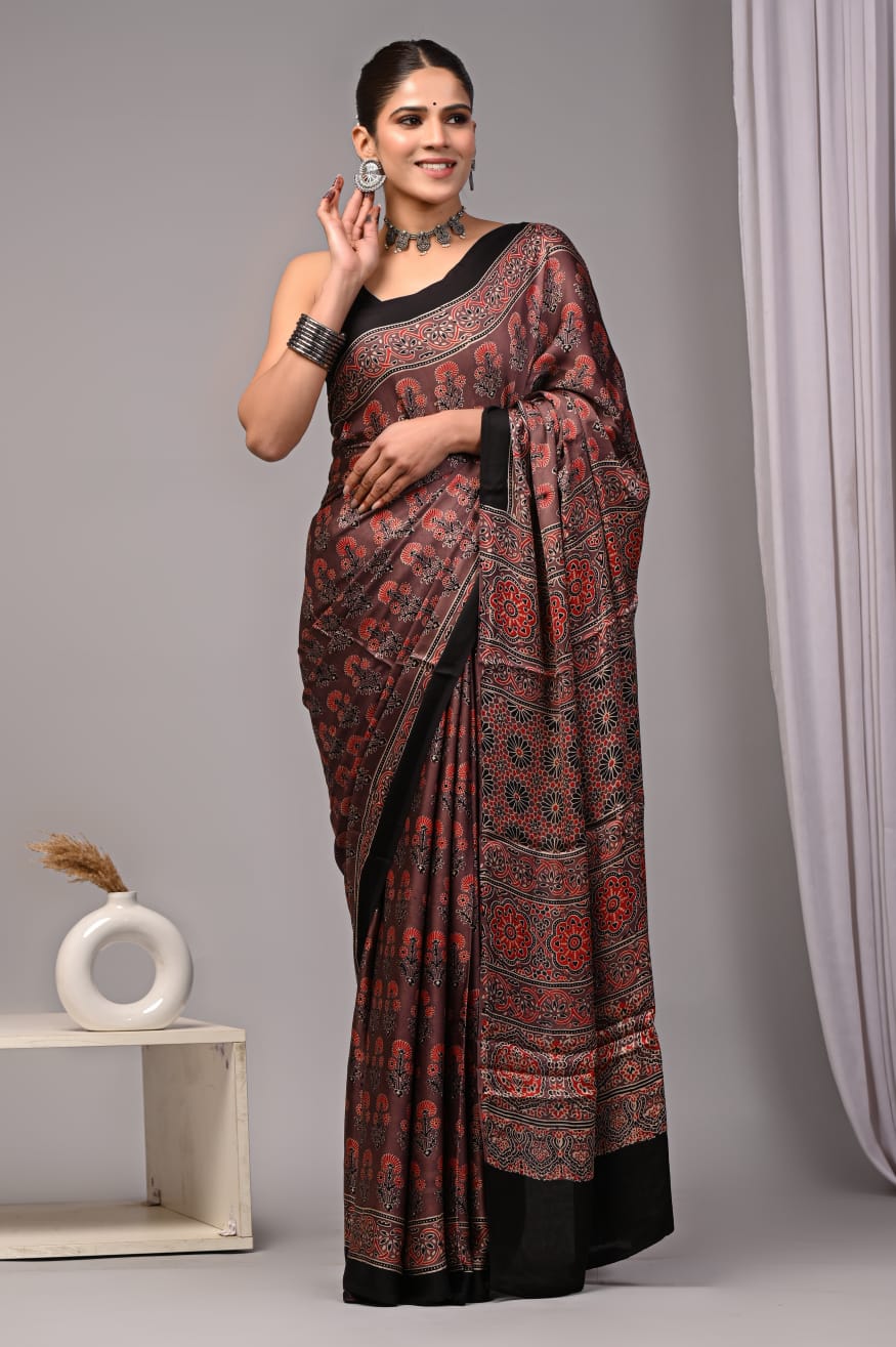 Pure Ajrakh Print Modal Silk Saree (Vegetable-Dyed) + Printed Blouse