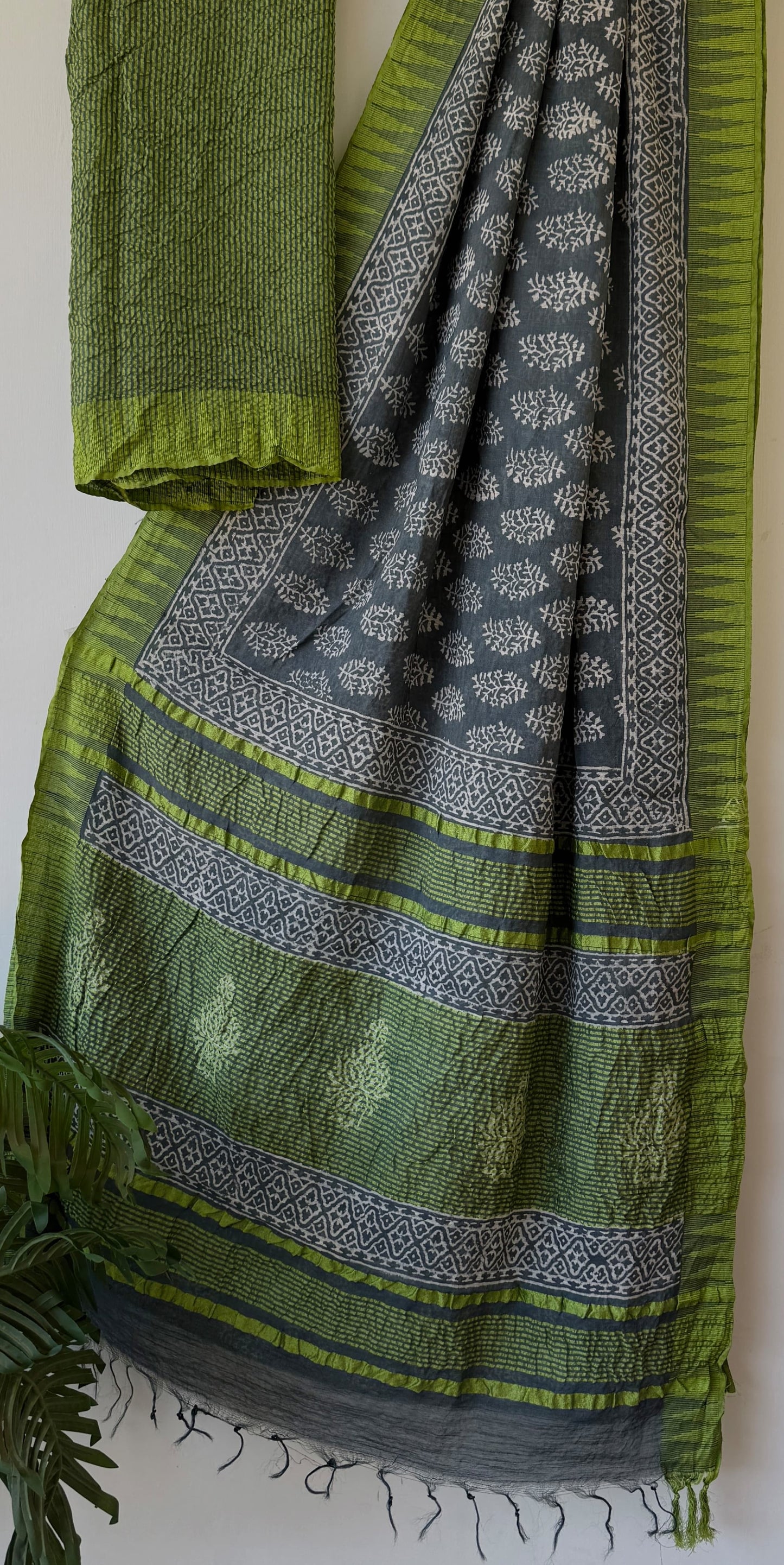 Hand Block Printed Cotton Silk Saree with Temple Border (Ajrakh & Dabu)
