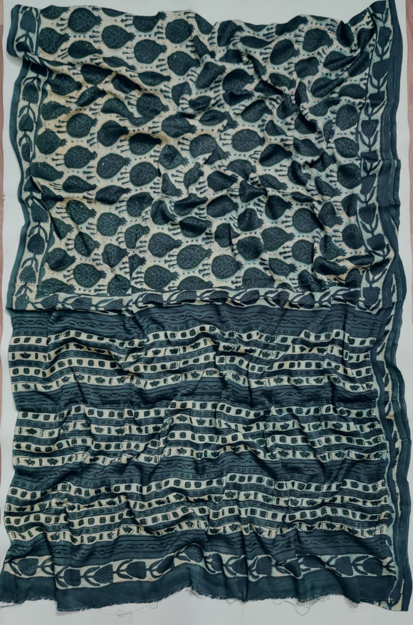 Premium Natural Ajrakh Hand Block Printed Modal Silk Saree