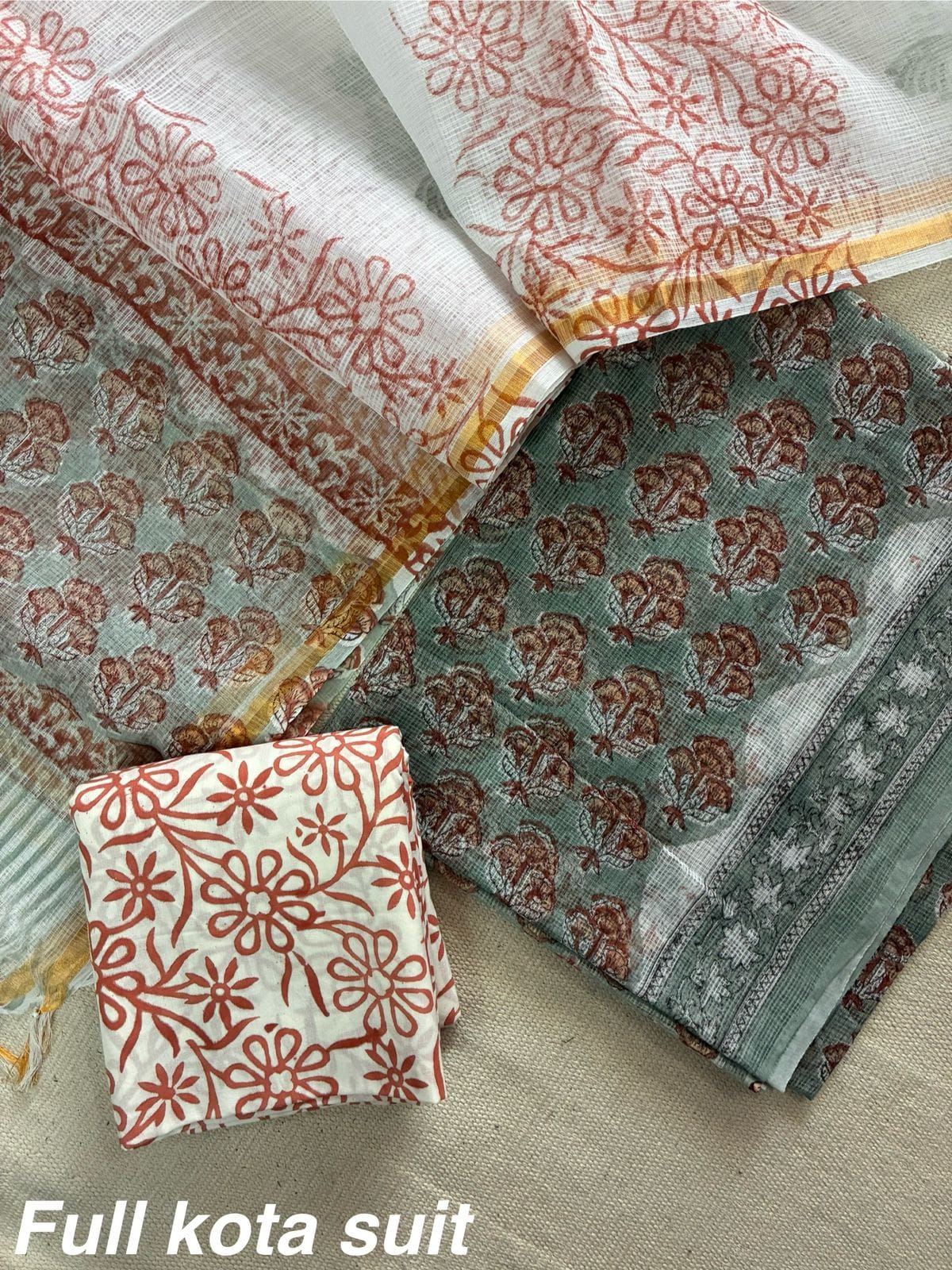 Premium Pure Full Kota Doria Suit | Hand Block Printed Silk Cotton Set