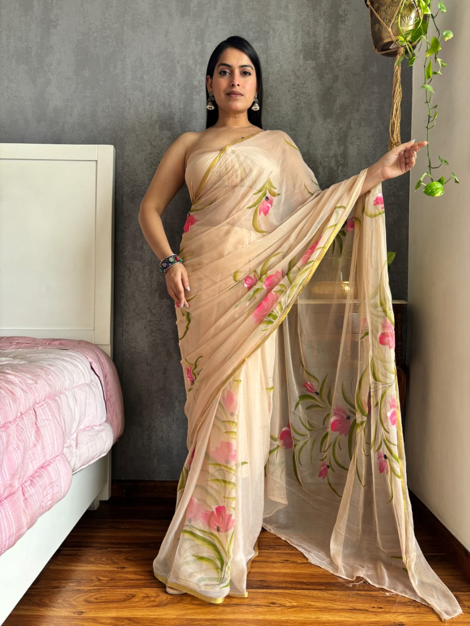 Hand Painted Chiffon Saree with Zari Border – Soft & Elegant Party Wear