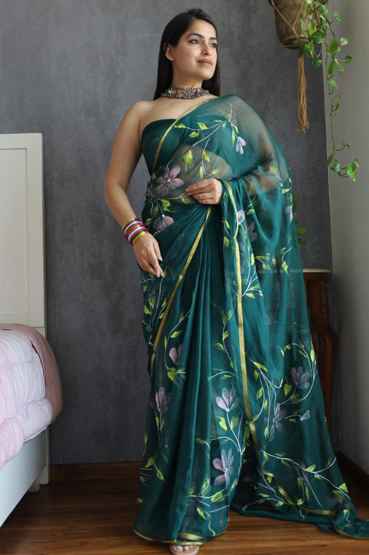 Hand Painted Chiffon Saree with Zari Border – Soft & Elegant Party Wear